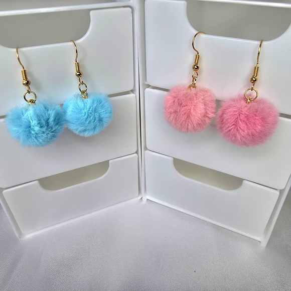 2 Pairs Pink and Blue Pom Pom Earrings - Picture 3 of 9